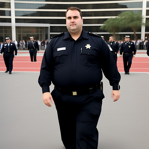 Full body and beardless face visible. obese brown haired white security man in custom style
