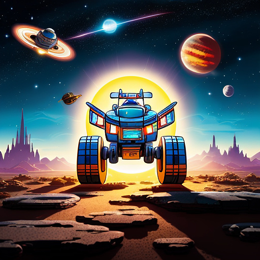 A cheerful transformer flies through space against the backdrop of planets. in disney painted style