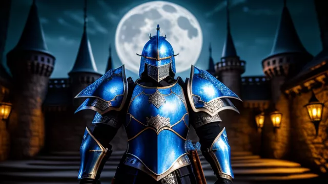 A fantasy blue armored knight glooms at night under the moonlight in front of a dark castle with his shield and sword in disney painted style