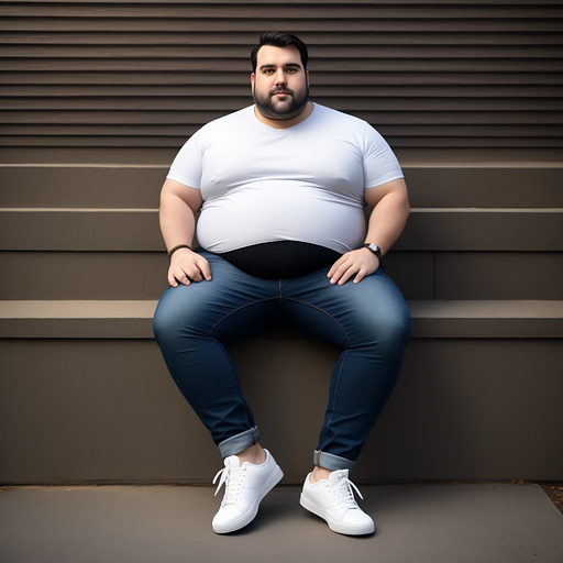 Full body obese dark haired white man without beard and huge belly in jeans with dark shoes in custom style