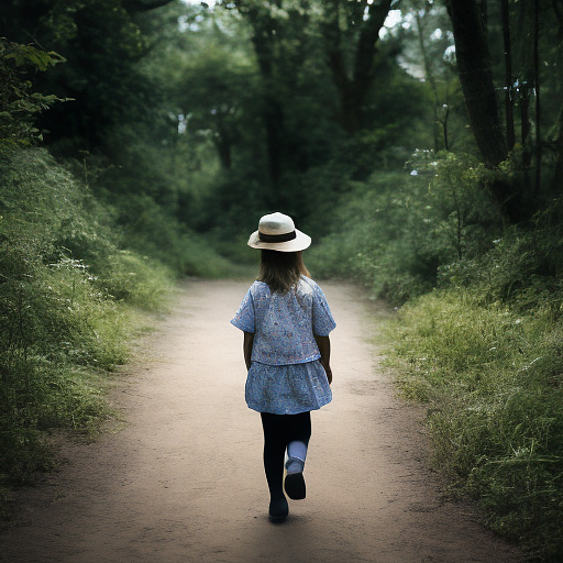 A tired 9-year-old girl is walking along a forest path. it's evening. she has a basket in her hand. she's wearing a panama hat. view from behind. in custom style