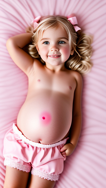 Realistic, detailed, 4-year-old blonde girl, pregnant, pink wedding outfit, showing belly, laying in bed, top down full body view, red blush, pink heart on cheek in custom style
