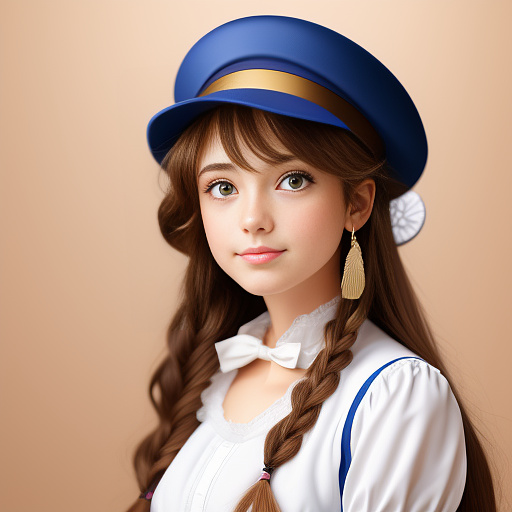 A girl with light brown hair and blue eyes wearing a hat with a feather on it and a victorian theme in anime style