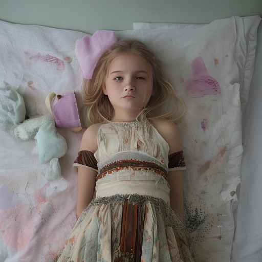 A 13-year-old girl is lying on a bed and crying. the room is dark and messy, the bed is broken. in custom style