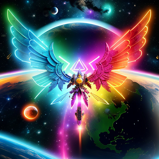 A cheerful transformer flies through space against the backdrop of planets. in angelcore style