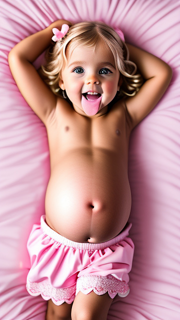 Realistic, detailed, 5-year-old blonde girl, pregnant, pink wedding outfit, showing belly, laying in bed, top down full body view, dark skin, mouth open,  in custom style