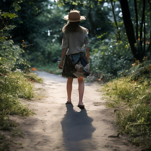 A tired 9-year-old girl is walking along a forest path. it's evening. she has a basket in her hand. she's wearing a panama hat. view from behind. in custom style