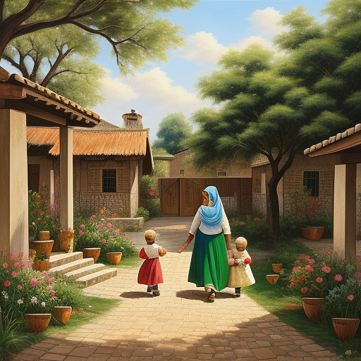 "a realistic painting of a cheerful iranian rural family in the courtyard of a traditional village house. the father and mother, about 40 years old, wear colorful traditional iranian clothes. the mother is holding a small child in her arms, and the father is holding another little one. around them, four young children play and run happily in the yard. the courtyard is lively with trees, flowers, chickens, and roosters, creating a warm and joyful atmosphere. the scene shows a simple but beautiful rural home filled with family love and happiness. style: realistic painting with warm colors and natural light." in custom style