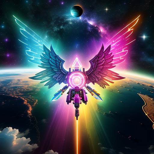 A cheerful transformer flies through space against the backdrop of planets. in angelcore style