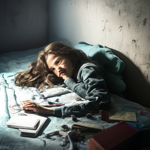 A 13-year-old girl lies on a bed in a dark room and cries. the room is dark, smoky and a mess, the bed is broken. there is an ashtray with an outstanding cigarette on the table. in custom style