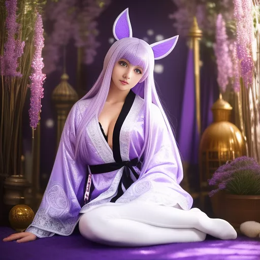 Cheerful female mage, orange eyes, purple robes, white medium hair that covers ears, lavender dress, black leggings, magenta boots, sitting in anime style