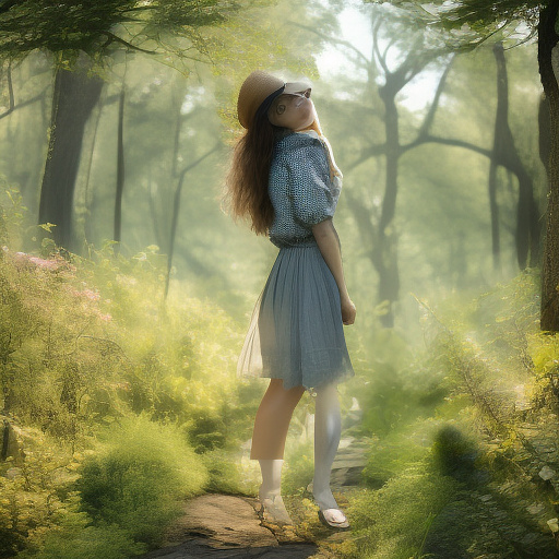 A girl is skipping across a sunny lawn. she has a basket in her hands and a hat on her head. in custom style