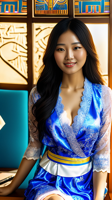 Young korean woman wearing a blue thai dress covered in a pink, lace-patterned sash, with a work desk and a computer. sitting and working office backdrop,ue5, no wear anything,no dressing,naked,big bust,big cleavage,big chest,bare,slender body,white skin,very realistic,full body and smile,the background is bright and bright. in egypt style