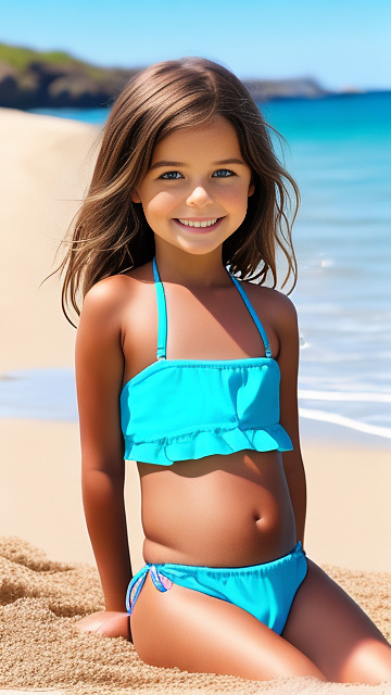 Realistic, detailed, 6-year-old girl, brown hair, full-body, small blue string-bikini, sitting on the beach, showing between her legs, tummy showing, feeling good, smiling in custom style