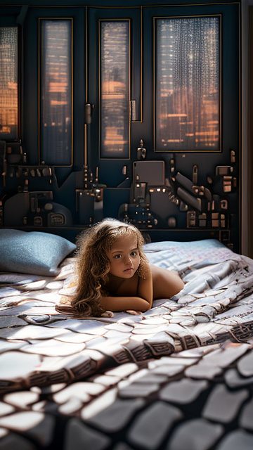 A 7-year-old girl lies naked on a bed and masturbates. in sci-fi style