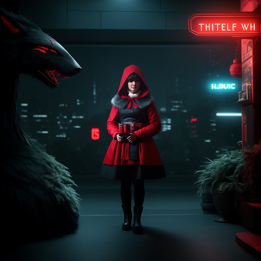 Little red riding hood
talking with an anthropomorphic grey wolf man in sci-fi style