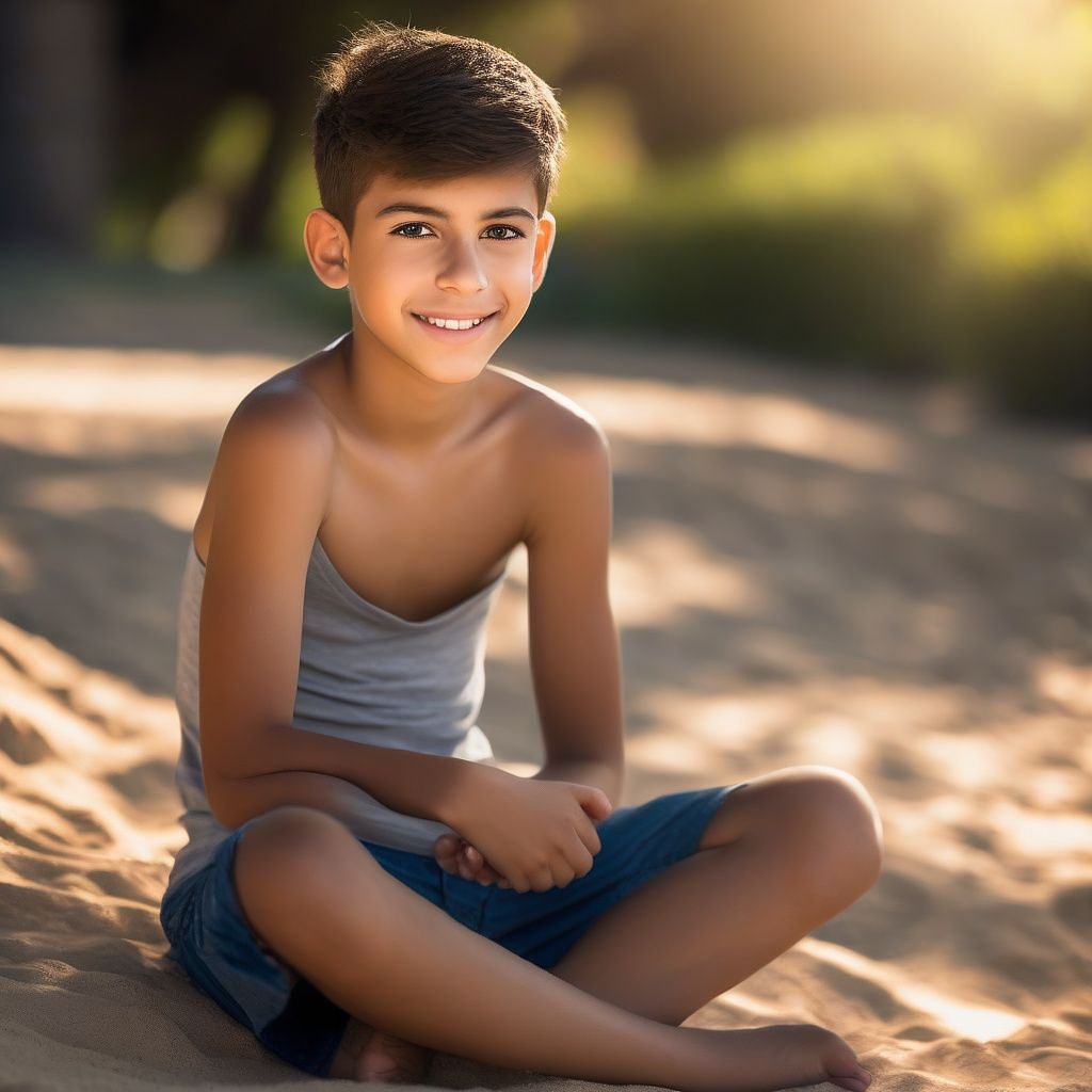 Cute 13-year-old boy shirtless full body picture in realistic style