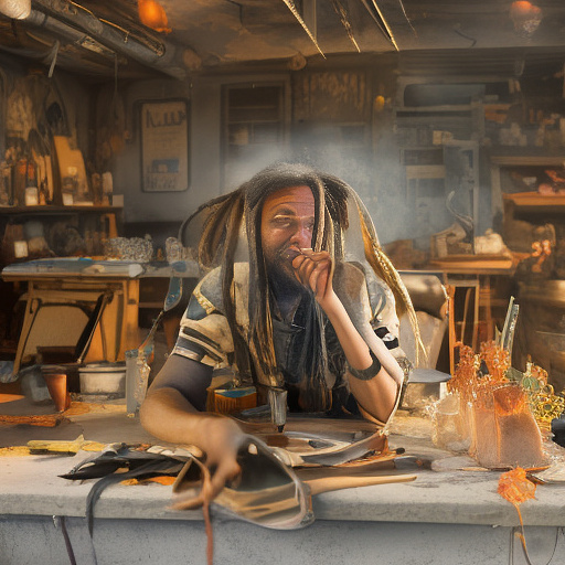 A black rastafarian is sitting on a worktable, smiling happily and smoking. the room is smoky. in custom style