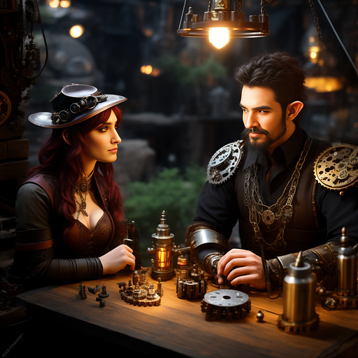 An elf wizard and blacksmith with a small mechanical helper and a drinking problem in steampunk style