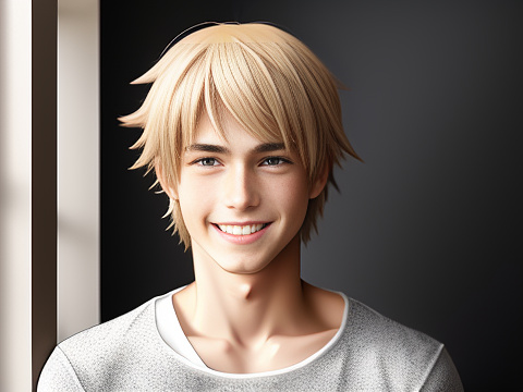 Photorealistic blond teen male with light gray eyes smiling in anime style