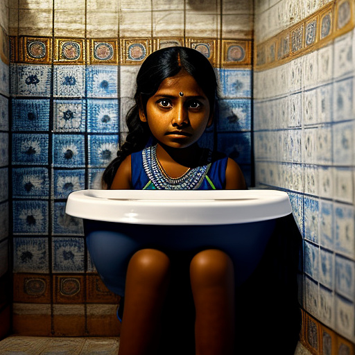 Realistic, detailed, 13-year-old indian girl sitting in a toilet  in custom style