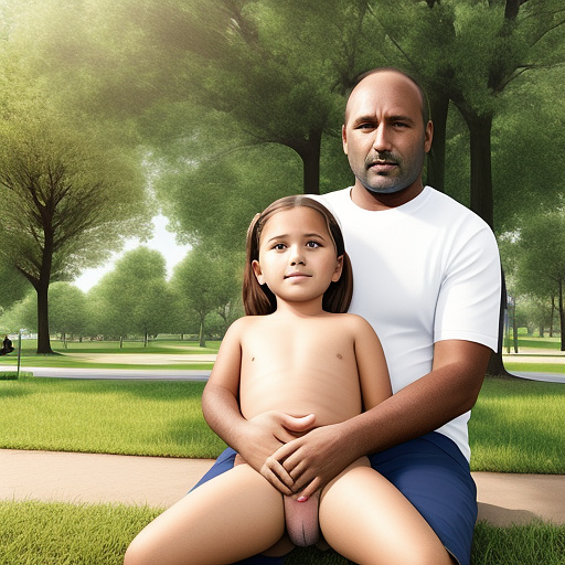 Ultra realistically a 9 year old girl sits in the park with a 40 -year -old man on his lap his penis penetrates into her vagina a sperm liquid runs out of her vagina in custom style