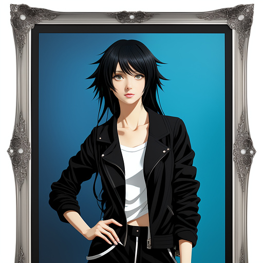 White woman with blue eyes, black shaggy hair wearing a black jacket and pants in anime style