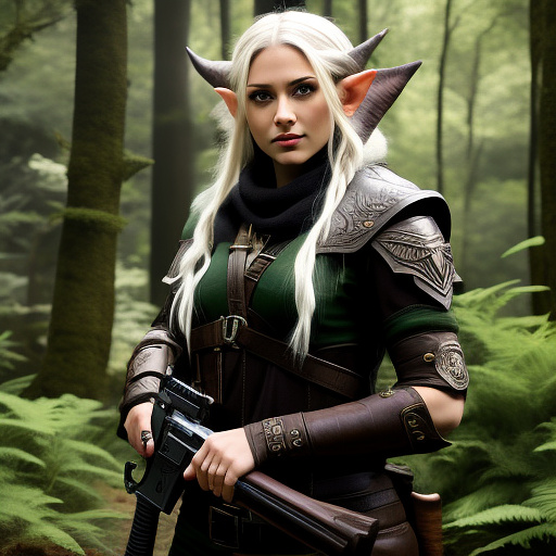 Monster hunter, in a forest, female elf with two handguns  in custom style