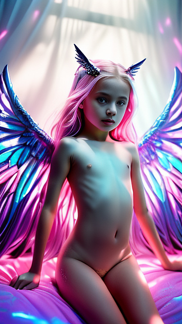 A 7-year-old girl lies naked on a bed and masturbates. in angelcore style