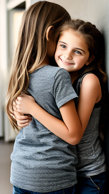 A romantic moment between a childhood couple. the grade-5 sexy hot american girl, wearing her sexy casual clothes hugging the grade-5 american boy. in custom style