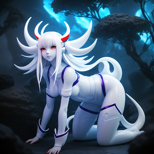 Petite white skinned alien woman with red eyes, curvy hips, small breasts, black nails, big white tentacles on head, purple stone in chest and head, big white tail in anime style