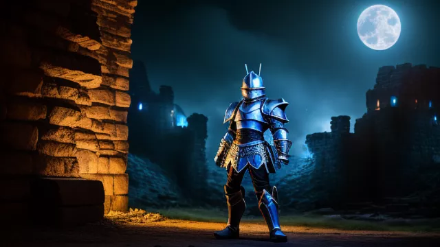 A fantasy blue armored knight at night under the moonlight in front of a ruined tower in disney painted style