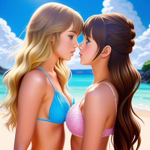 Taylor swift and emma watson  in bikinis kissing in anime style