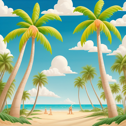 A beach background with palm trees and organic clouds in disney painted style