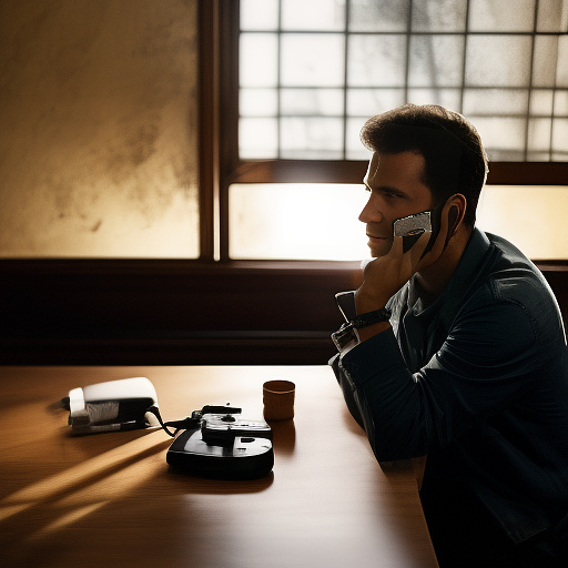 In a dark room, there is a telephone and a gun on the table. a man is sitting on a chair, and he is dead. in custom style