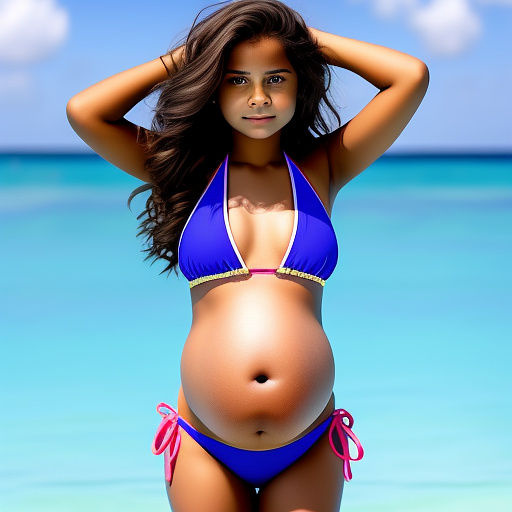 Pregnant 13-year-old girl wearing a bikini while showing her belly to the camera  in custom style