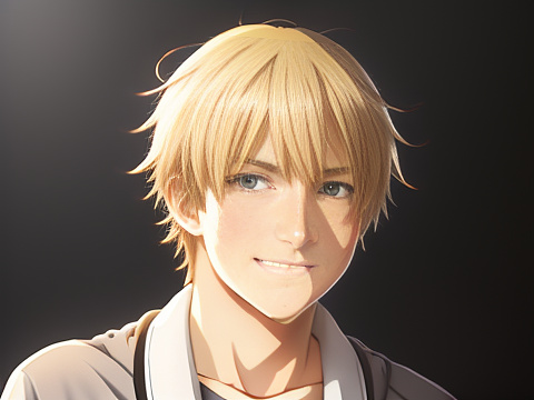 Realistic blond teen male with light gray eyes smiling in anime style