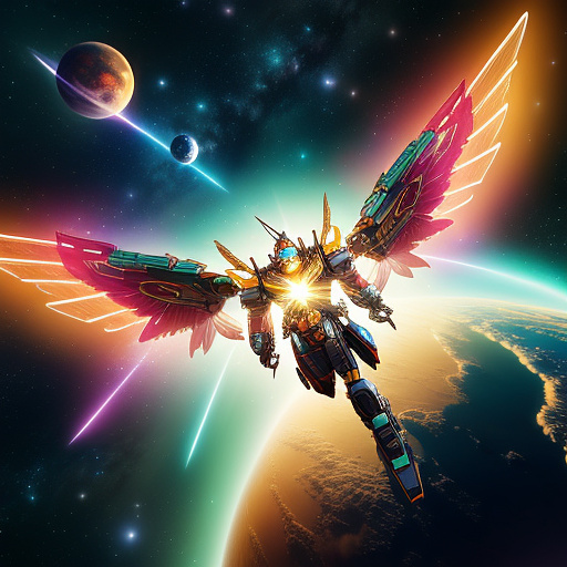 A cheerful transformer flies through space against the backdrop of planets. in angelcore style