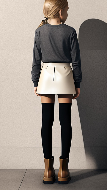 Realistic, detailed 12-year-old, blonde haired girl, full body length, wearing her short boots only, wearing her long sleeve t-shirt, wearing mini leather pencil skirt only, back view, short socks, sexy, skimpy, in custom style