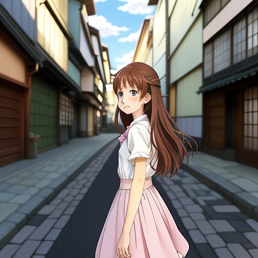A girl in the city and she has a gift on her hand and she is walking and she is wearing a pink dress and she has a long brown hair. in anime style