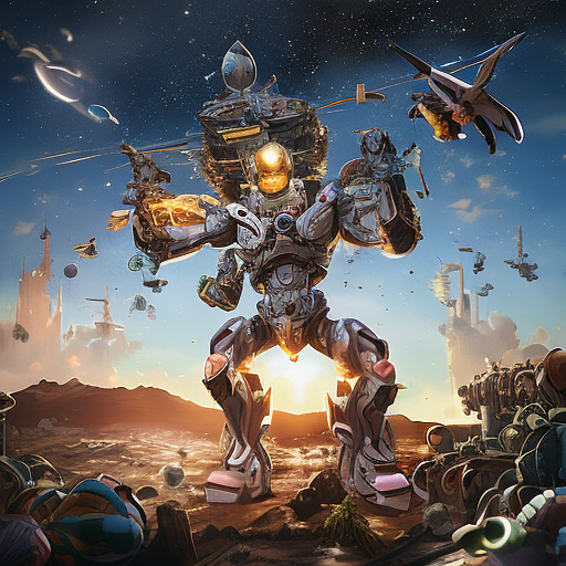 A cheerful transformer flies through space against the backdrop of planets. in disney painted style