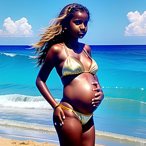 Pregnancy of 13-years-old girl pregnant of 40 weeks at the beach wearing a gold bikini and a big sweaty belly with *white skin* and juicy boobs  in custom style