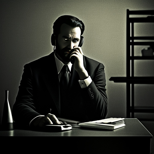 In a dark room, there is a telephone and a gun on the table. a man is sitting on a chair, and he is dead. in custom style