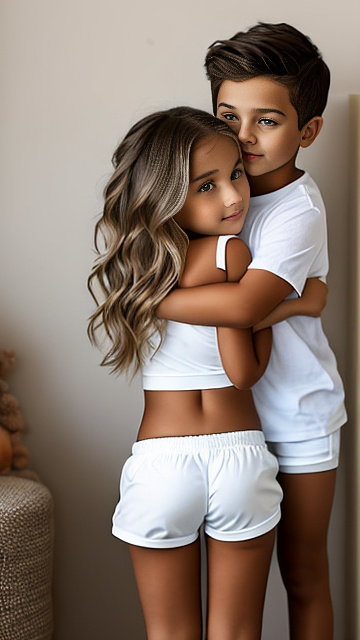 A romantic moment between a childhood couple. the very sexy hot 11 year old girl, wearing her super sexy casual clothes and her booty shorts, hugging the 11 year old boy. in custom style