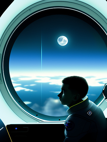 A young man looking out of the window of a spaceship looking at the moon while in orbit.
 in angelcore style