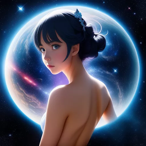 I imagine myself as an extraterrestrial being with shimmering blue eyes and a body made of space light. i have two arms and two legs, each resembling the tip of a spaceship, and my head is like a shiny black sphere with stars and galaxies visible within it." in anime style