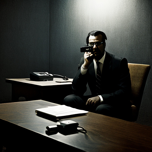 In a dark room, there is a telephone and a gun on the table. a man is sitting on a chair, and he is dead. in custom style