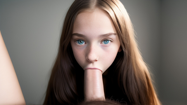 16 year old girl sucking huge long black penis, naked, full body, hands, big wide eyes in custom style