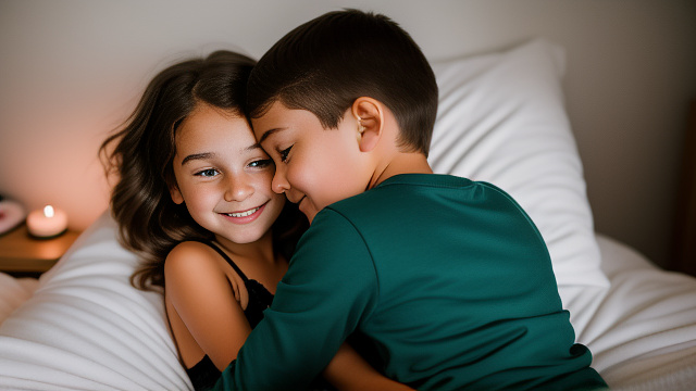 A romantic moment between a childhood couple in a cozy bedroom. the grade-5 sexy hot girl, wearing her thin string bras and her leggings, hugging the grade-5 boy. in custom style