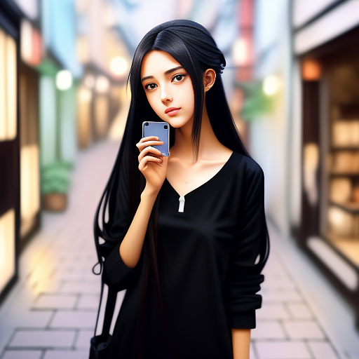 A tall slim beautiful skinny girl with long black hair in baggy clothes with a handset in her ear holding a galaxy z flip 5 in anime style